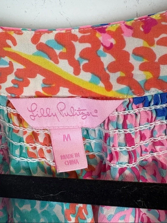 Lilly Pulitzer Popover Electric Feel 100% Silk Long Sleeve Elsa Blouse Medium - Picture 2 of 9